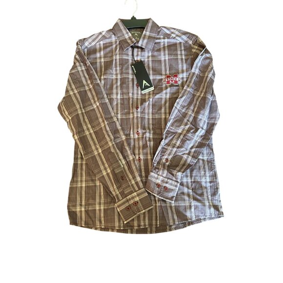 Antigua Mens MSU universities Long Sleeve Plaid Button-Up Shirt S purple gray - Picture 1 of 4